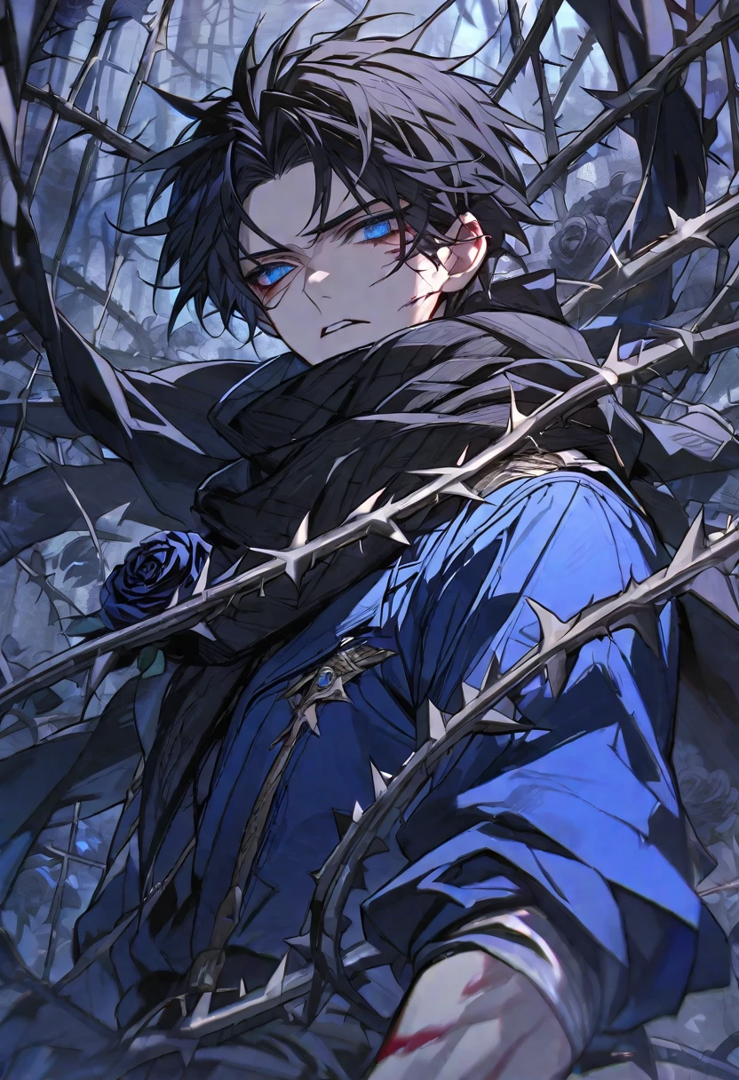 Solo, male, black hair, blue eyes, blue coat, black scarf, black roses, thorns, blood
