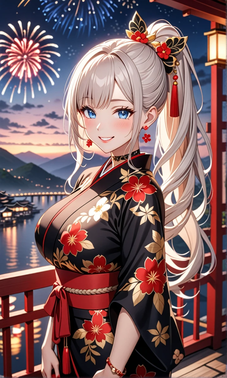 ultra-detailed, ((one girl)), hyper detailed, absurdres, 8K, Beautiful Face, Woman in black kimono, (Laugh shyly), ((teasing smile:1.8)), ((Wink:1.7)), (Laugh with your mouth wide open),(Tilt your head:1.3), View your viewers, ((Bright red cheeks:1.6)),Glossy Red Lips, ((Big Breasts:1.5)), (valley),night, You can see the sea horizon,On Bridge, firework, (Brighten your face), Woman in black kimono, ((Anime style background)),masterpiece, Highest quality, so beautiful,Latest, Complex details, (Pink long nails), (nail art), (ring),(bracelet), (Floral Choker),AI-generated, Complex,High resolution, Highest quality, super high quality,3D Images、3D Images,One person,((Long white hair)),(High Ponytail), (wavy hair:1.2), Anime woman posing for a photo, ((Fine grain、blue eyes、glowing eyes:1.5)), (Squint your eyes:1.1),a hyperRealistic , hyperRealistic , Realistic, White long hair anime woman, Smooth anime CG art, A girl in a gorgeous kimono with gold embroidery, ((black furisode:1.3),(Red large floral pattern) ,Long flower hair ornament,Floral Earrings,Mature Body, tall,Abdominal muscles,Narrow waist, ((arched back:1.9)), (front view),