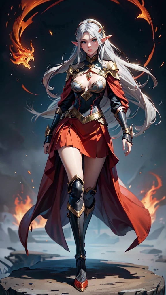 ((Game skin design concept draft)),Beautiful posture,(Sexy figure:1.1),(Wearing a red, gold and black horse-faced skirt),light fabrics,Blue-gray magic fire floats around,feminine expression,etailed face, detailed eyes, detailed hands,elf girl, full body
