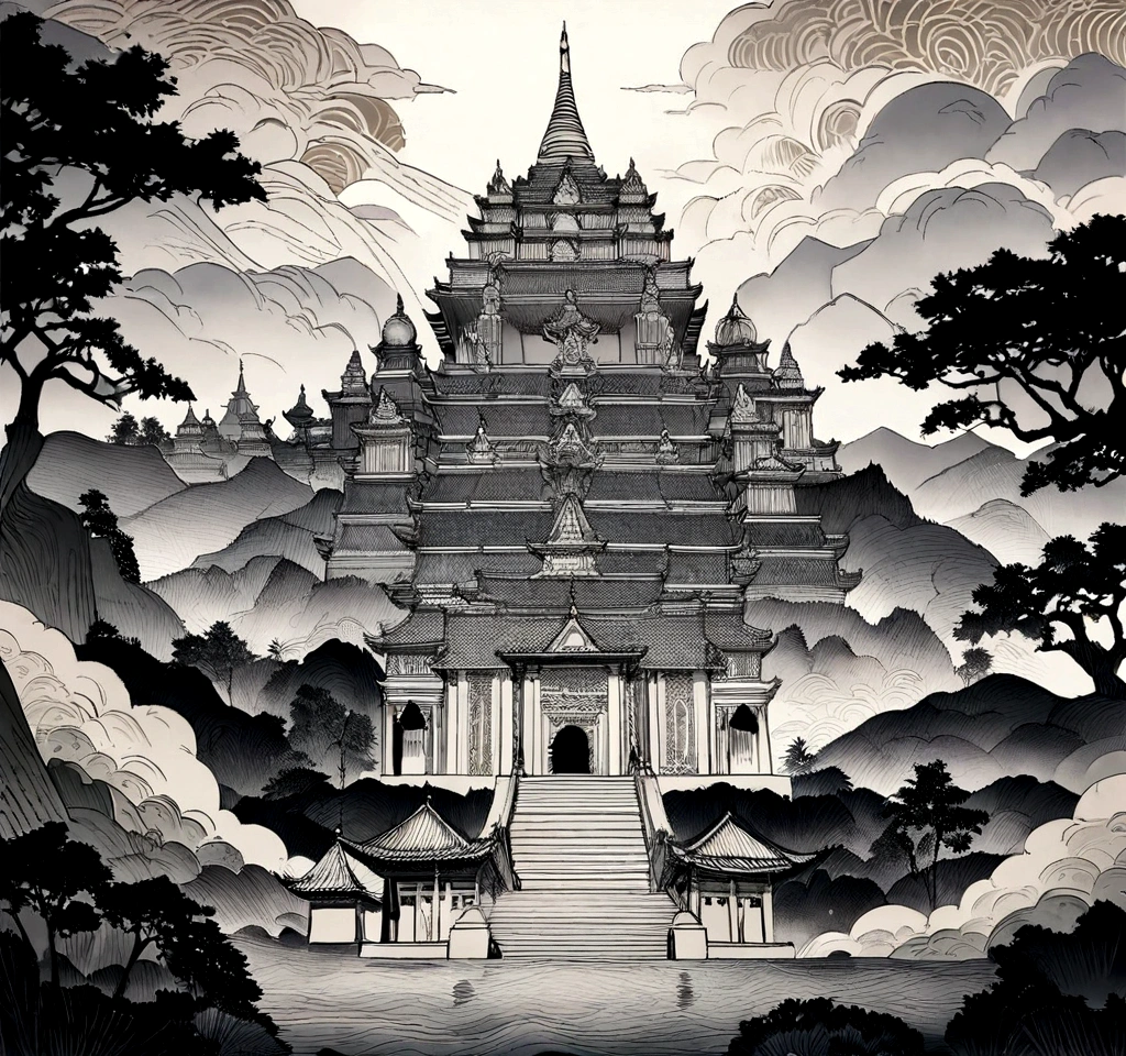 landscape of Myanmar, white pagoda and monastery on the hill, intricate image