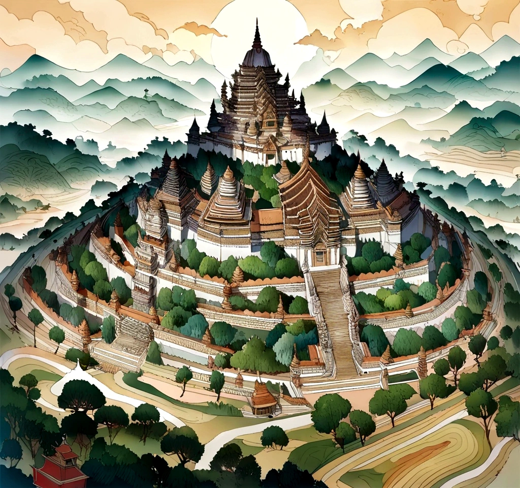 landscape of Myanmar, white pagoda and monastery on the hill, intricate image