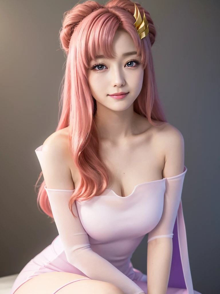 (Highest quality、4K、8K, masterpiece:1.3), Ultra detailed face, Detailed lips, Detailed eyes, double eyelid, 
BREAK, 
smile, standing, (Seductive pose:1.75), 
BREAK,1girl, 20 years old, (Generous Breasts:1.3), Plump shape:,
BREAK ,
lacus clyne, (purple eyes:1.1), hair ornament, long hair, wave hair ornament, (pink hair),
BREAK,
(Golden hair ornament), ((White Dress, Removable sleeves, Pink sleeves, Short sleeve, Sleeveless dress, Strapless, Strapless dress)),