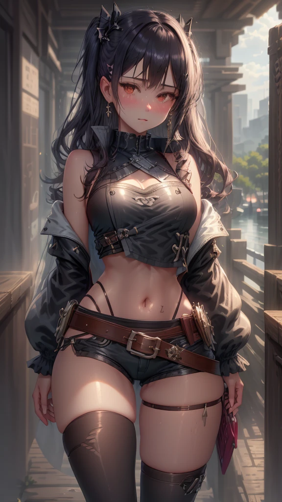 nicole \(zenless zero\), nicole demara, tube top, single thighhigh, short shorts, cropped jacket, belt boots, hair ribbon, hairclip, earrings, single sock, high belt, thigh strap, detached sleeves, doll, black collar, outdoors, No-restricted areas, An arrogant attitude, doyagao, masterpiece, female, solo, sharp focus, absurdres extremely, intricate details, depth of field, dramatic lighting, open stance