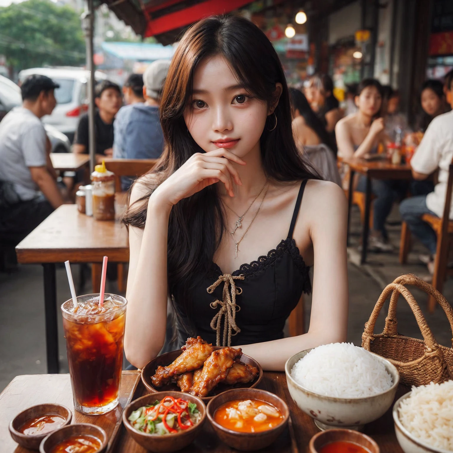 A young Korean girl, sitting and eating at a lesehan food stall in Surabaya city, Indonesia. On the table, there is already food: a portion of chicken wings, sambal penyit, rice, and iced tea. She is wearing a black strapless dress, realistic, UHD, 8K