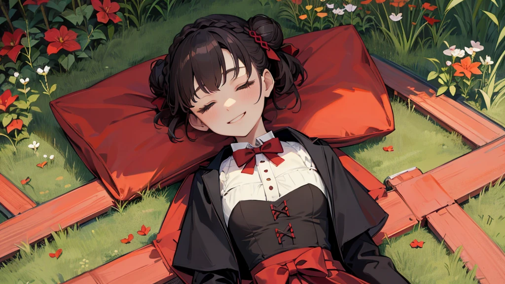 masterpiece, Highest quality, Phemonica, Hair Bun, Braiding, Red Bow, Black jacket, Black Skirt, Red Pantyhose, Upper Body, From above, Sleeping on your back, Grass, View your viewers, tired, smile, garden 