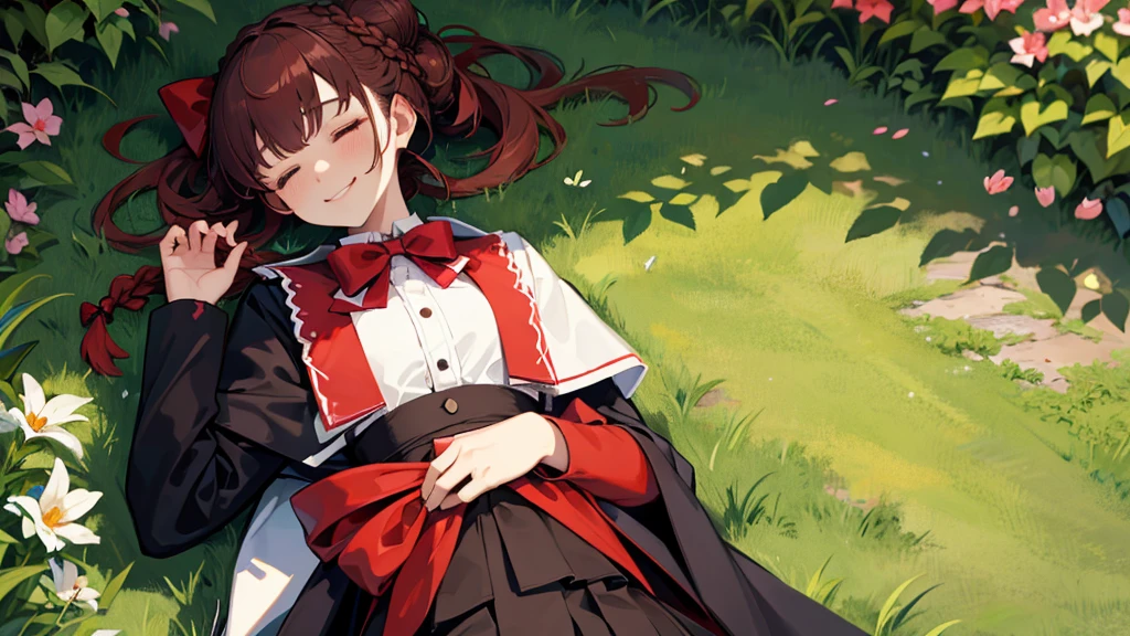 masterpiece, Highest quality, Phemonica, Hair Bun, Braiding, Red Bow, Black jacket, Black Skirt, Red Pantyhose, Upper Body, From above, Sleeping on your back, Grass, View your viewers, tired, smile, garden