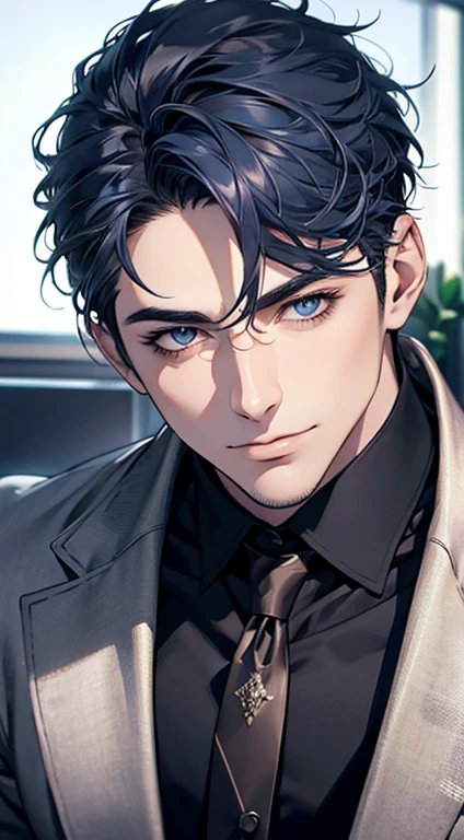 (best quality,4k,8k,highres,masterpiece:1.2),ultra-detailed,(realistic,photorealistic,photo-realistic:1.37),1 man,31 years old,mature man,very handsome,without expression,smile,short blue hair,blue eyes,penetrating gaze,perfect face without errors,imposing posture,businessman,office background,cinematic lighting,hdr image