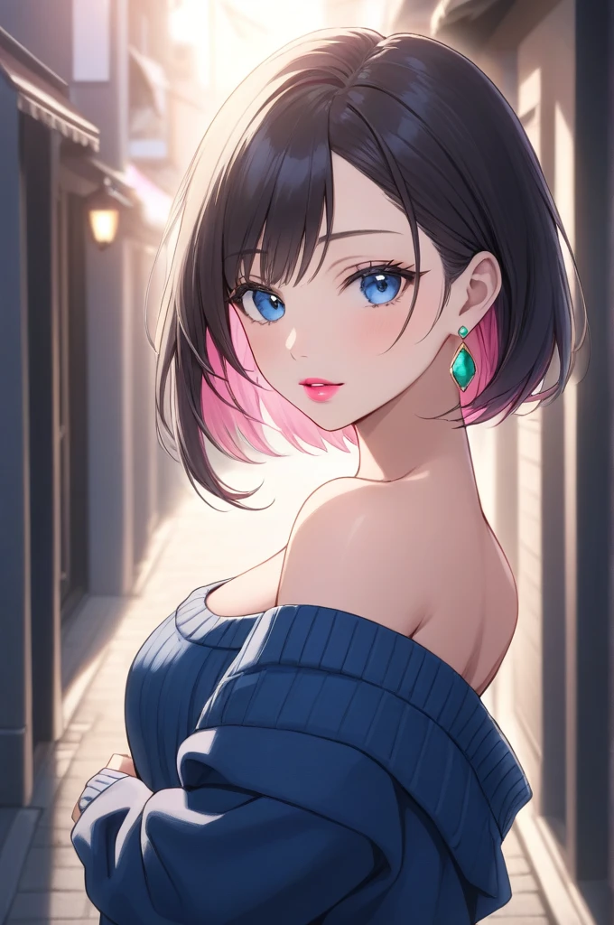 ((1 girl, Solitary, Reina Morimoto, Morimoto_Queen, (blue eyes, OK, 高OK), Lipstick, Jade earrings, muscular, healthy)), Sexy gestures, Fair, Well-proportioned body, healthy)), ((Solitary, (1 woman, pink Lipstick), Very detailed, ambient soft Light, 4K, Perfect eyes, Perfect face, perfect Light, a 1 girl)), severe, ((On Pavement, (Off-shoulder sweater, Women's hollow sweater, sweater, black knitted sweater), mini skirt, (beige mini skirt, Short mini skirt), high-heel boots, (High heel, 细High heel), high-heel boots, thigh-High boots, Thigh and beige skirt, High boots, sexy look, Wearing a beige dress, Sexy clothes, in the city, monument, modern sculpture, Beautiful polka dance, Nice scenery, There are neon Lights, (Pantyhose), Boots above the knee, night, Light)),behind,Looking Back,Back to Photos,Back to the audience,Bend over and lift your butt,Hips facing the audience