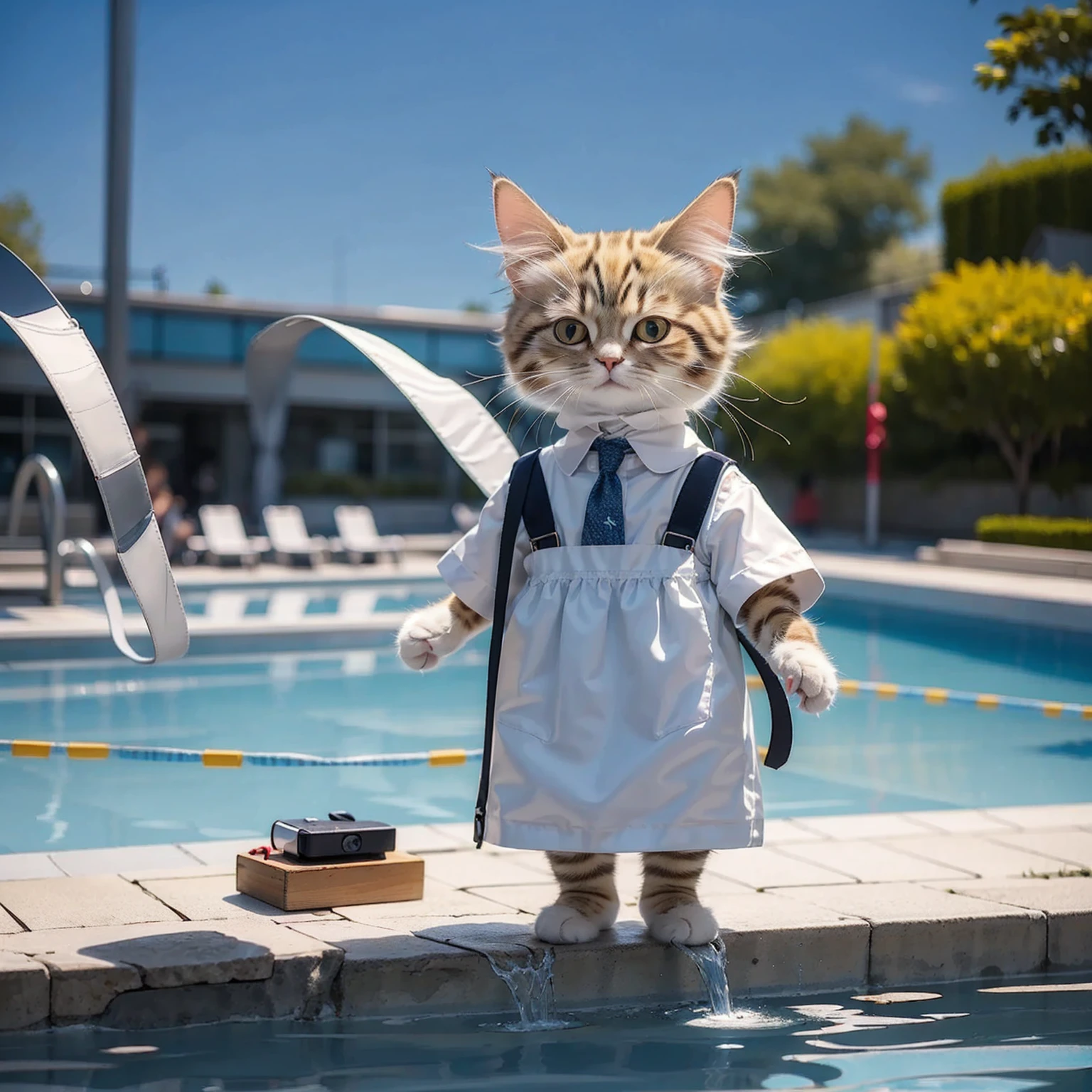 (Highest quality, masterpiece:1.2),pressure,Maid clothes,Main cat,School swimming pool、blue sky, alone, Outdoor, Depth of written boundary