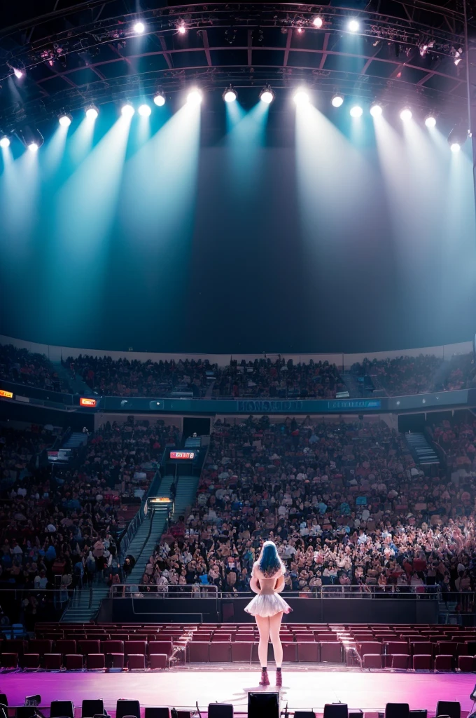 A naked plump white-skinned woman with brown hair plays the piano at a concert in the middle of a crowded hall, the dark hall is illuminated by rays of light, the general view