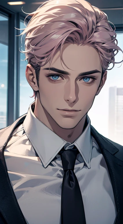 (best quality,4k,8k,highres,masterpiece:1.2),ultra-detailed,(realistic,photorealistic,photo-realistic:1.37),1 man,31 years old,mature man,very handsome,without expression,smile,short grey pink hair,blue eyes,penetrating gaze,perfect face without errors,imposing posture,businessman,office background,cinematic lighting,hdr image