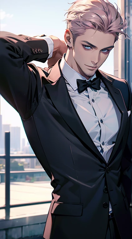 (best quality,4k,8k,highres,masterpiece:1.2),ultra-detailed,(realistic,photorealistic,photo-realistic:1.37),1 man,31 years old,mature man,very handsome,without expression,smile,short grey pink hair,blue eyes,penetrating gaze,perfect face without errors,imposing posture,businessman,office background,cinematic lighting,hdr image