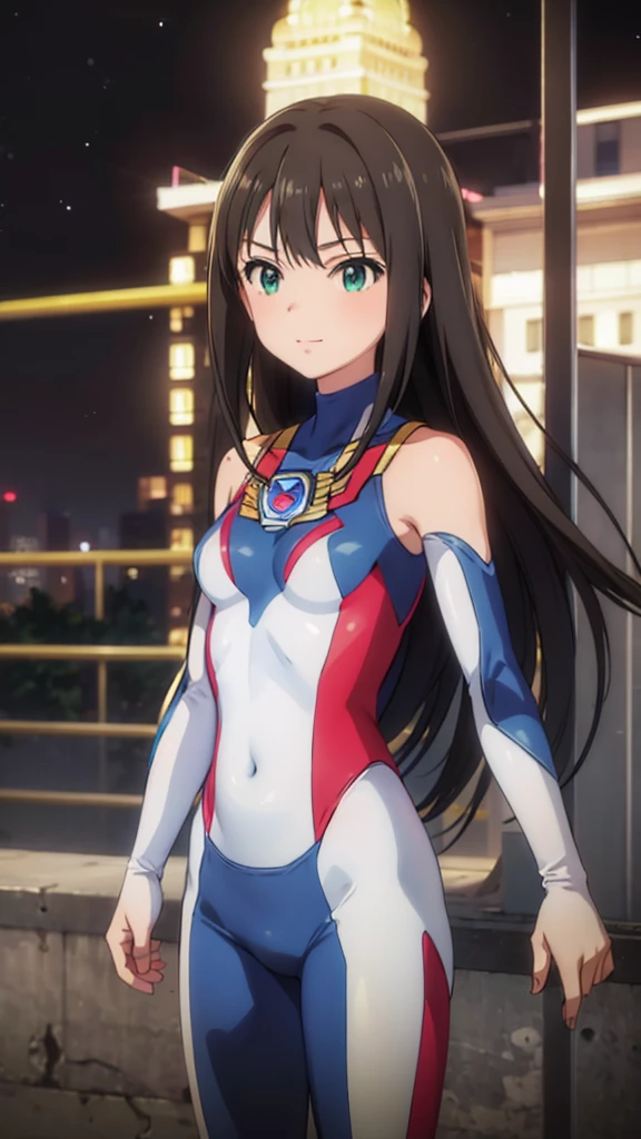 (masterpiece、Highest quality、In 8K、High resolution:1.2)、alone、One Girl、 Rin Shibuya, smile、Tight clothes、Cowboy Shot、Look at the viewers、Combat Ready、Hero Suit、Bodysuits、Tight suit、(Hmph :1.0), ウルトラマンBodysuits、Trained abdominal muscles、Trained biceps、Shining jewel on the chest、(building:1.2)、Night Scenery