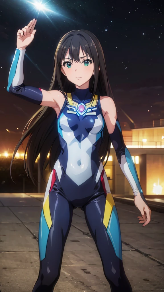 (masterpiece、Highest quality、In 8K、High resolution:1.2)、alone、One Girl、 Rin Shibuya, smile、Tight clothes、Cowboy Shot、Look at the viewers、Combat Ready、Hero Suit、Bodysuits、Tight suit、(Hmph :1.0), ウルトラマンBodysuits、Trained abdominal muscles、Trained biceps、Shining jewel on the chest、(building:1.2)、Night Scenery
