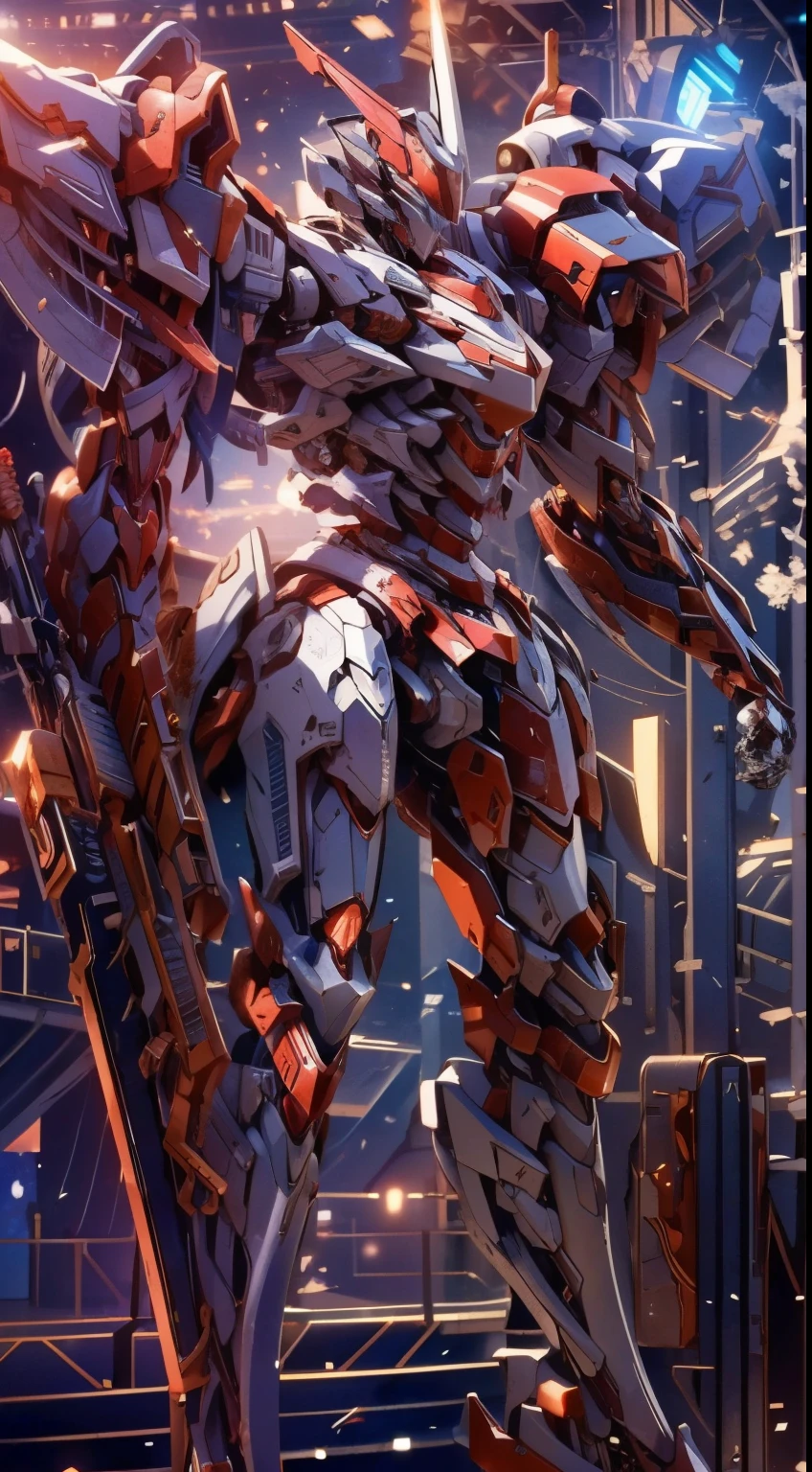 (work of art, best qualityer:1.)Mech with inverted trapeze body. pyramid head, with electronic details and black. (Paint rusted and white:1.5). He wore two grenade launchers in his hands, carried two submachine guns on his legs as secondary weapons.Extremely detaild, 8K, HDR, naturallight, cinematic lighting, masterpiece-anatomy-perfect, ultra HD, (Space Combat:1.5, Battlefield:1.5), RAW photo, metallic, professional, ultra-fine painting, perfect body proportions, anatomically correct, uhd, real texture material, Anti-Aliasing, FKAA, TXAA, SSAO, Post Processing, Post Production, Tone Mapping, CGI, VFX, SFX, hyper maximalist, Volumetric, ultra photorealultra-detailed intricate details.