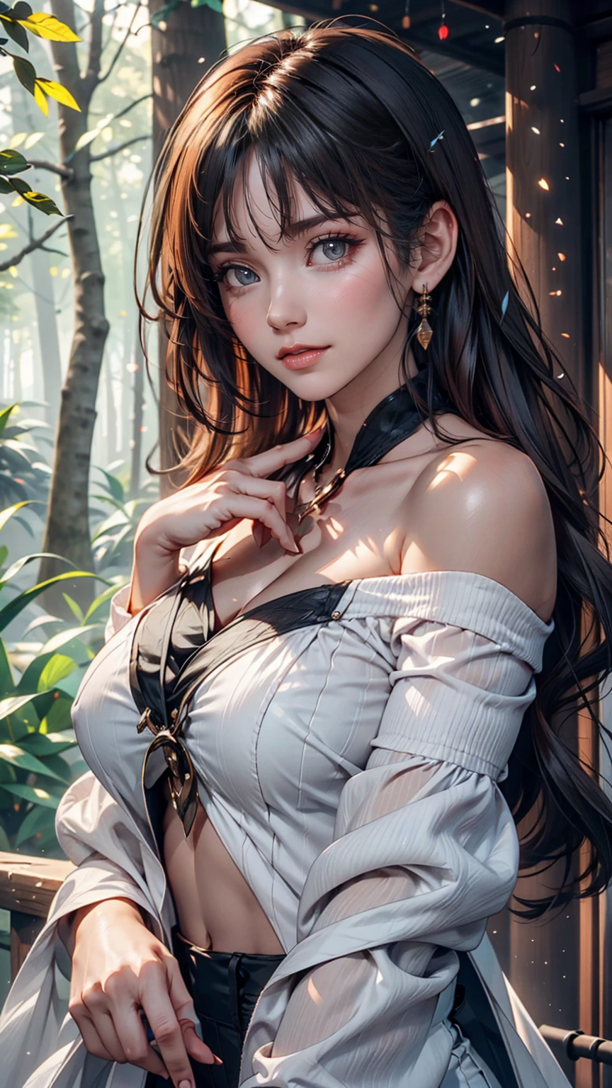 masterpiece, Highest quality, Ultra-high resolution, Fluorescent color,, 1 Girl, Looking at the audience, Beautiful Face, Beautiful Eyes, (Off the shoulder: 1.2), Lift your head, Upper Body, forest, Shiny Hair, Shiny skin, Shining Cut, Little, Adjusting the Finger Ratio