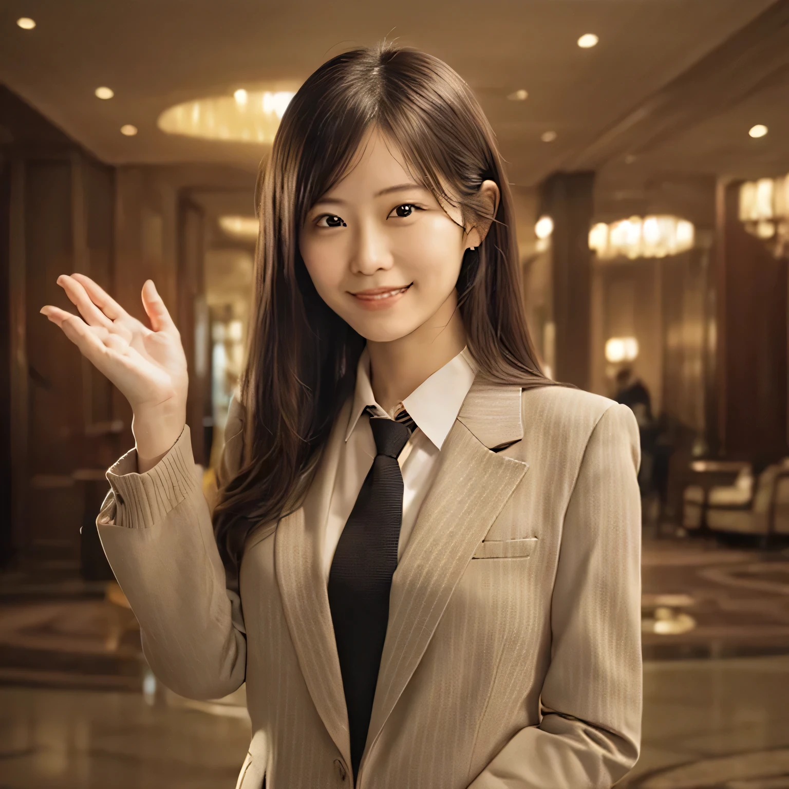 (realistic, photo-realistic:1.37),(8k, raw photos, best quality, Masterpiece:1.2), cute, very detailed,heart shaped student,Physical rendering, Ultra high resolution, Kodak Vision Colors, Shot with an Arricam LT camera., Bokeh, Sharp focus, look at viewer,photorealistic,realistic, alone, photorealistic, best quality,ใบหน้าที่very detailed,ดวงตาและใบหน้าที่very detailed, Beautifully detailed eyes,nonsense, incredibly nonsense,A haunting smile,messy hair, floating hair, ,（（（（golden business suit））），Tie at the waist，