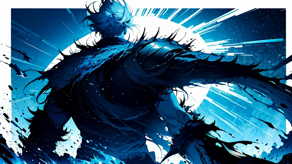 A heroic anime character stands tall and defiant, facing a colossal monster in a dramatic showdown. The perspective is from behind the character, capturing the scene from their viewpoint as they look up at the towering beast. The character is clad in detailed, shining golden armor, holding a sword in each hand. A distinctive Ultra Instinct aura surrounds the character, characterized by a silvery-gray light with white and blue highlights, giving an ethereal and powerful look reminiscent of Goku’s Ultra Instinct from Dragon Ball. The monster is massive and intimidating, with sharp claws, fangs, and a menacing presence. The background is a desolate landscape, with a moody, ominous sky, adding to the tension of the imminent battle. Render this scene in 8K resolution, aiming for a masterpiece level of detail and quality.
