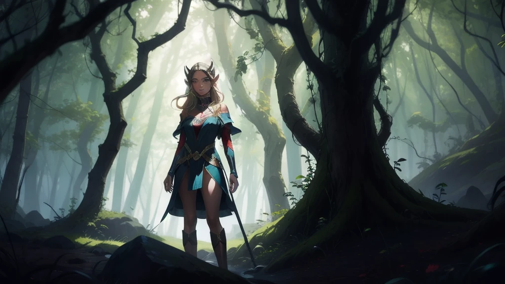 "Elf with a captivating look, unearthly beauty, flowing golden hair, pointed ears, dressed in elaborate elven attire, surrounded by a mystical forest, soft sunlight, breaking through lush greenery."