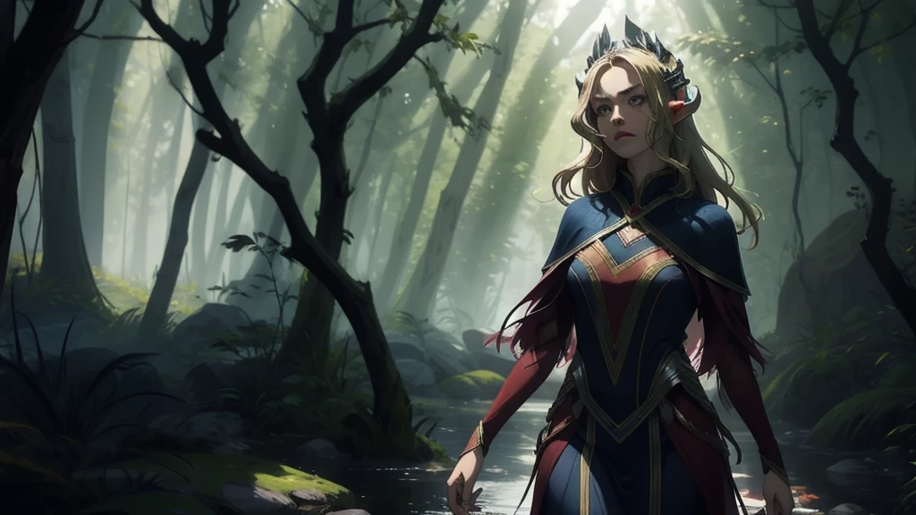 "Elf with a captivating look, unearthly beauty, flowing golden hair, pointed ears, dressed in elaborate elven attire, surrounded by a mystical forest, soft sunlight, breaking through lush greenery."