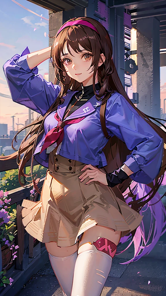 An anime girl in a lavender Clan outfit, with long, loose brown hair and brown eyes and a bandana on her forehead 