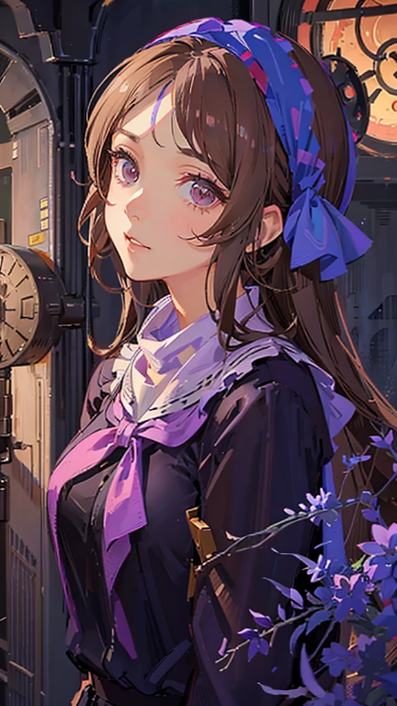 An anime girl in a lavender Clan outfit, with long, loose brown hair and brown eyes and a bandana on her forehead