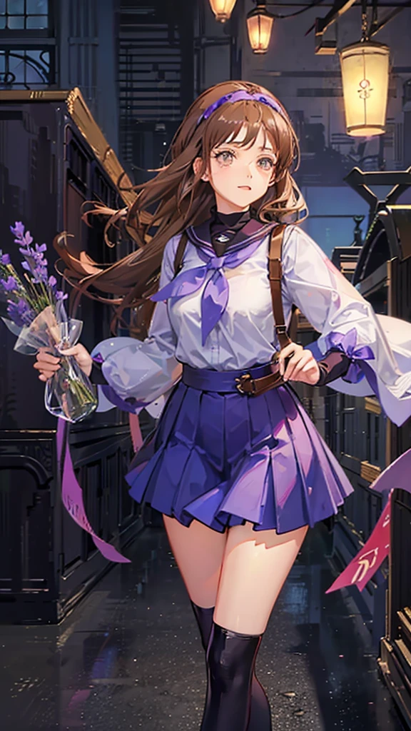 An anime girl in a lavender Clan outfit, with long, loose brown hair and brown eyes and a bandana on her forehead