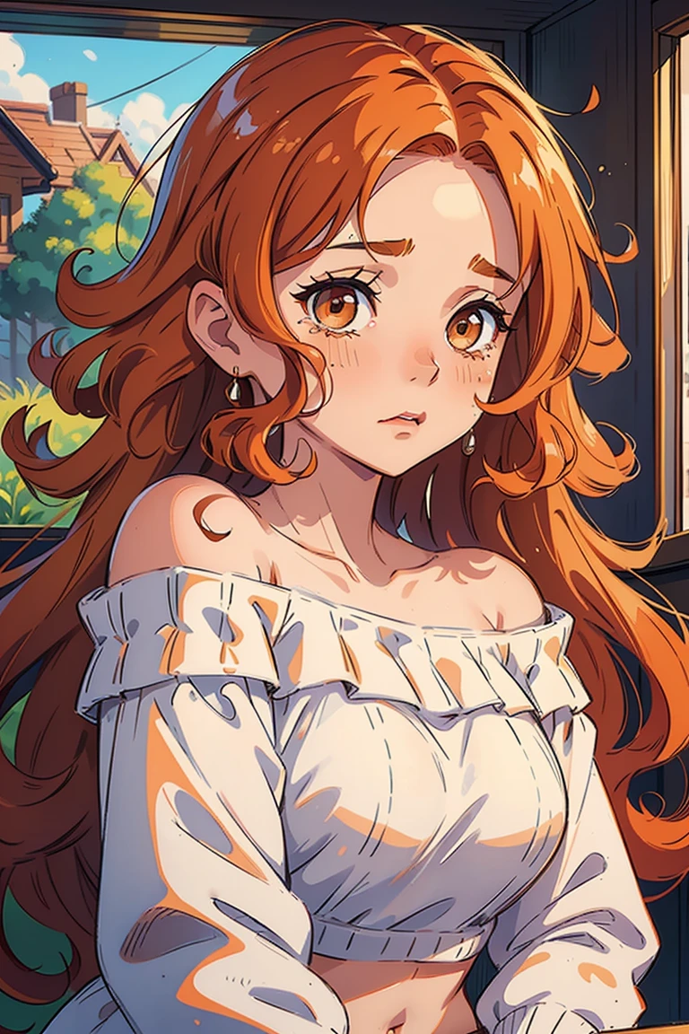 ((best quality)), ((masterpiece)), (detailed), 1girl, off-shoulder sweater, natural orange hair, curly hair, brown eyes,bellyful, perfect face, really curly hair, sad, loss hair, white sweater, super long hair, crying, closer look, hig resolution, perfect face, tear in her ayes