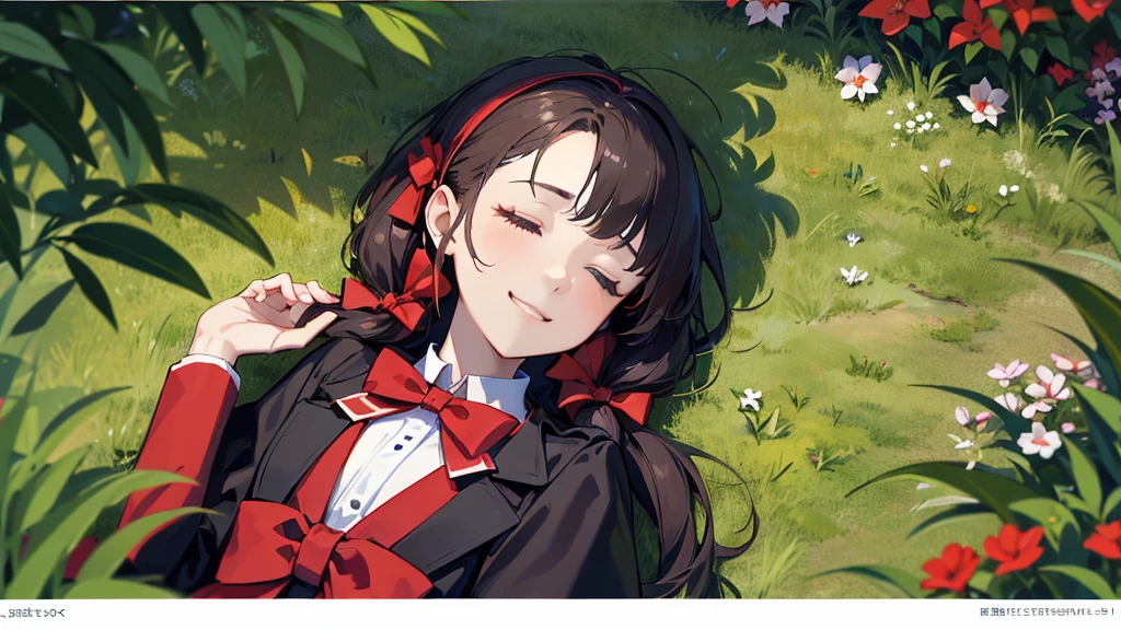 masterpiece, Highest quality, Phemonica, headphone, Braiding, Red Bow, Black jacket, Black Skirt, Red Pantyhose, Upper Body, From above, Sleeping on your back, Grass, View your viewers, tired, smile, garden 、(masterpiece) (Highest quality) (detailed) (8K)、detailedな背景、Portrait Photography、