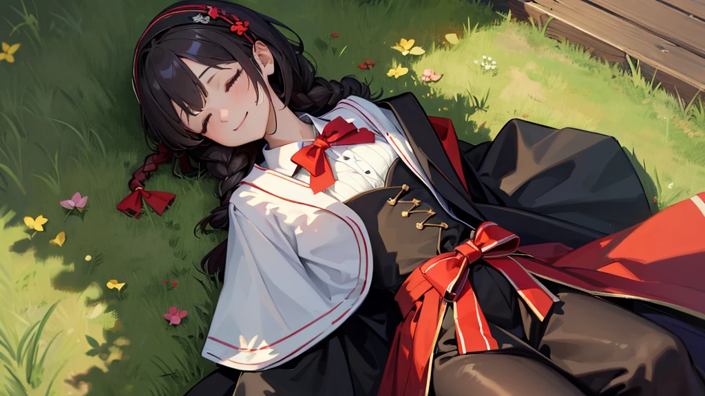 masterpiece, Highest quality, Phemonica, headphone, Braiding, Red Bow, Black jacket, Black Skirt, Red Pantyhose, Upper Body, From above, Sleeping on your back, Grass, View your viewers, tired, smile, garden 、(masterpiece) (Highest quality) (detailed) (8K)、detailedな背景、Portrait Photography、