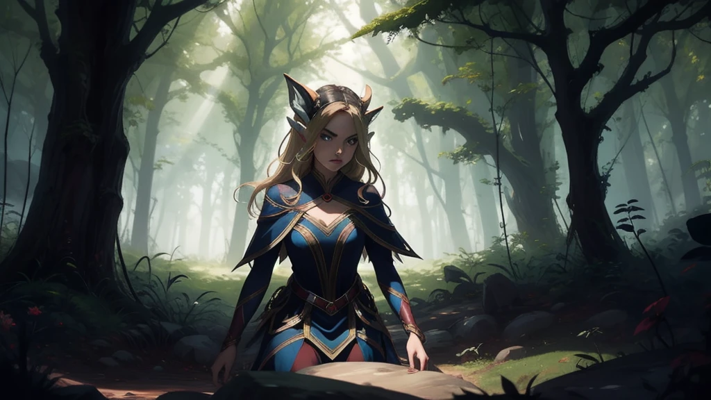 "Elf with a captivating look, unearthly beauty, flowing golden hair, pointed ears, dressed in elaborate elven attire, surrounded by a mystical forest, soft sunlight, breaking through lush greenery."