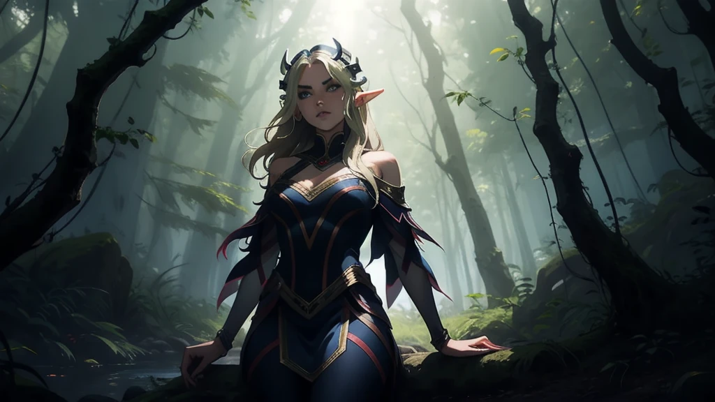 "Elf with a captivating look, unearthly beauty, flowing golden hair, pointed ears, dressed in elaborate elven attire, surrounded by a mystical forest, soft sunlight, breaking through lush greenery."