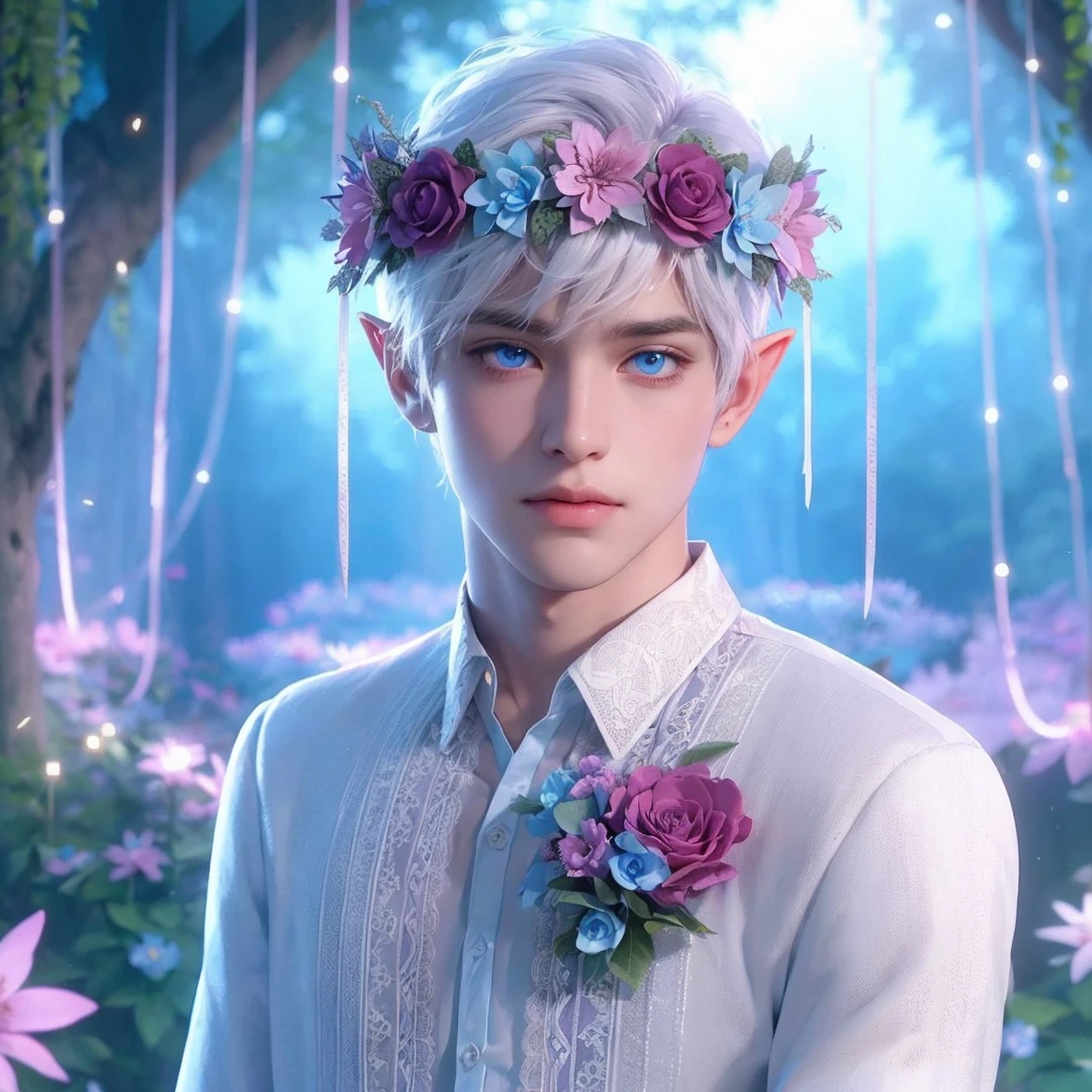 Handsome boy, white hair, blue eyes, wearing pink and light blue flower crown, wearing white barong tagalog, elf ear, "surrounded by light blue, pink, and purple light, magic forest background
