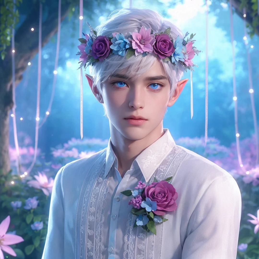Handsome boy, white hair, blue eyes, wearing pink and light blue flower crown, wearing white barong tagalog, elf ear, "surrounded by light blue, pink, and purple light, magic forest background