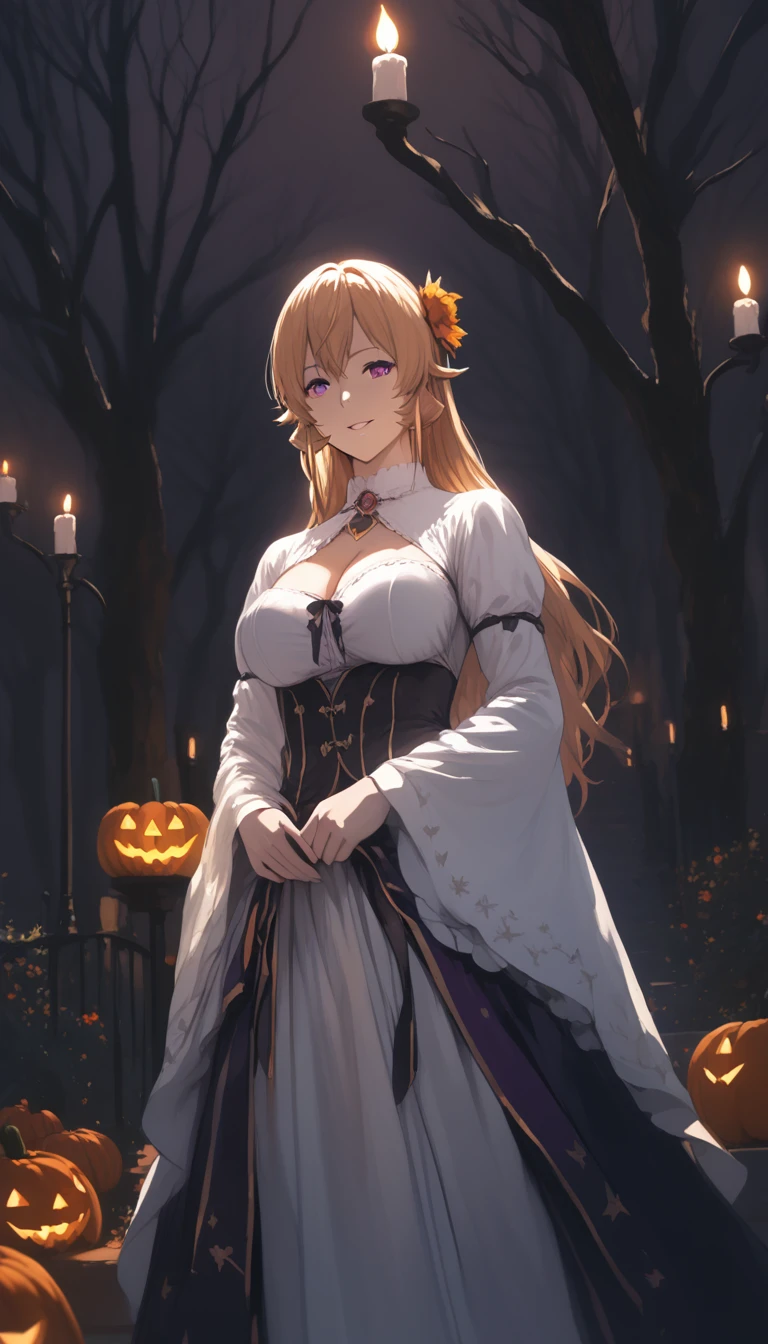 (hews art style:0.7), score_9, score_8_up, score_7_up, score_6_up, uncensored, erina nakiri, blonde hair, long hair, purple eyes, BREAK (masterpiece:1.2), best quality, high resolution, (beautiful detailed eyes:1.3), perfect lighting, (perfect hands, perfect anatomy), seductive smile, hearts, pleasured, epic art, fantasy, 1girl, jack-o'-lantern, halloween, solo,  lantern, pumpkin, breasts, witch, cleavage_cutout, huge_breasts, cleavage, happy_halloween, dress, flower, tree, looking_at_viewer, belt, long_sleeves, jewelry, standing, candle, 