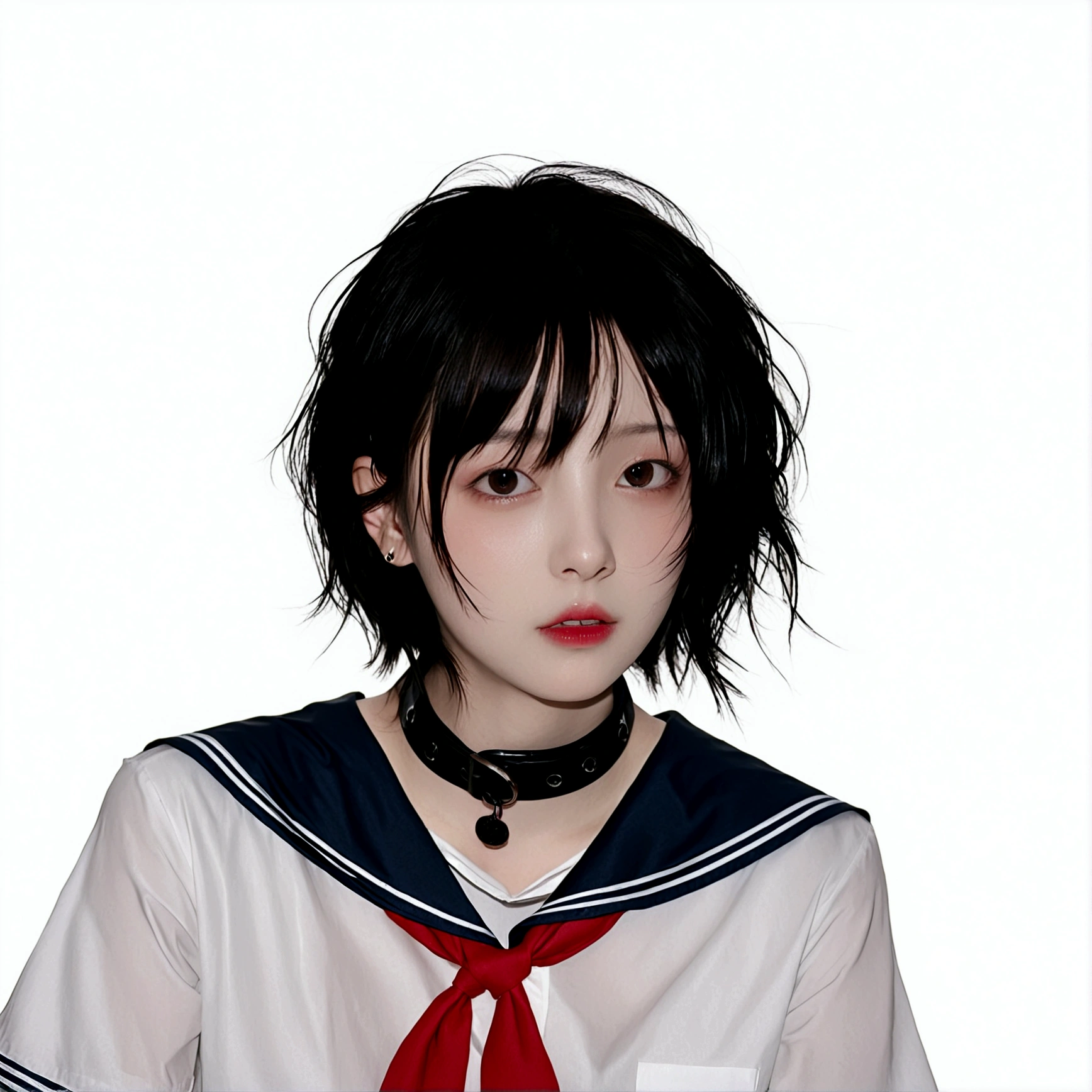 1girl, solo, looking at viewer, short hair, bangs, simple background, shirt, black hair, white background, hair between eyes, school uniform, white shirt, upper body, short sleeves, parted lips, serafuku, choker, sailor collar, black eyes, collar, neckerchief, red neckerchief, black sailor collar, black collar, belt collar