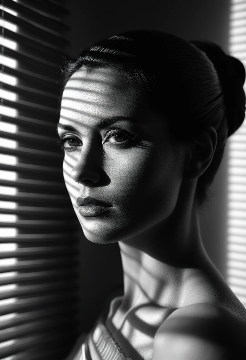 shadow of Venetian blinds projected on the face, (stern look), (bare shoulders), (monochrome), (portrait), (closeup), cinematic film, 35 year old woman leaning at white primed wall, looking over shoulder, lighting from the side, shadows, femme fatale, lips, eyelashes, profile, realistic, shallow depth of field, vignette, highly detailed, high budget, bokeh, cinemascope, moody, epic, gorgeous, film grain, grainy, burlesque, (natural skin), casting shadow style, cucoloris patterned illumination