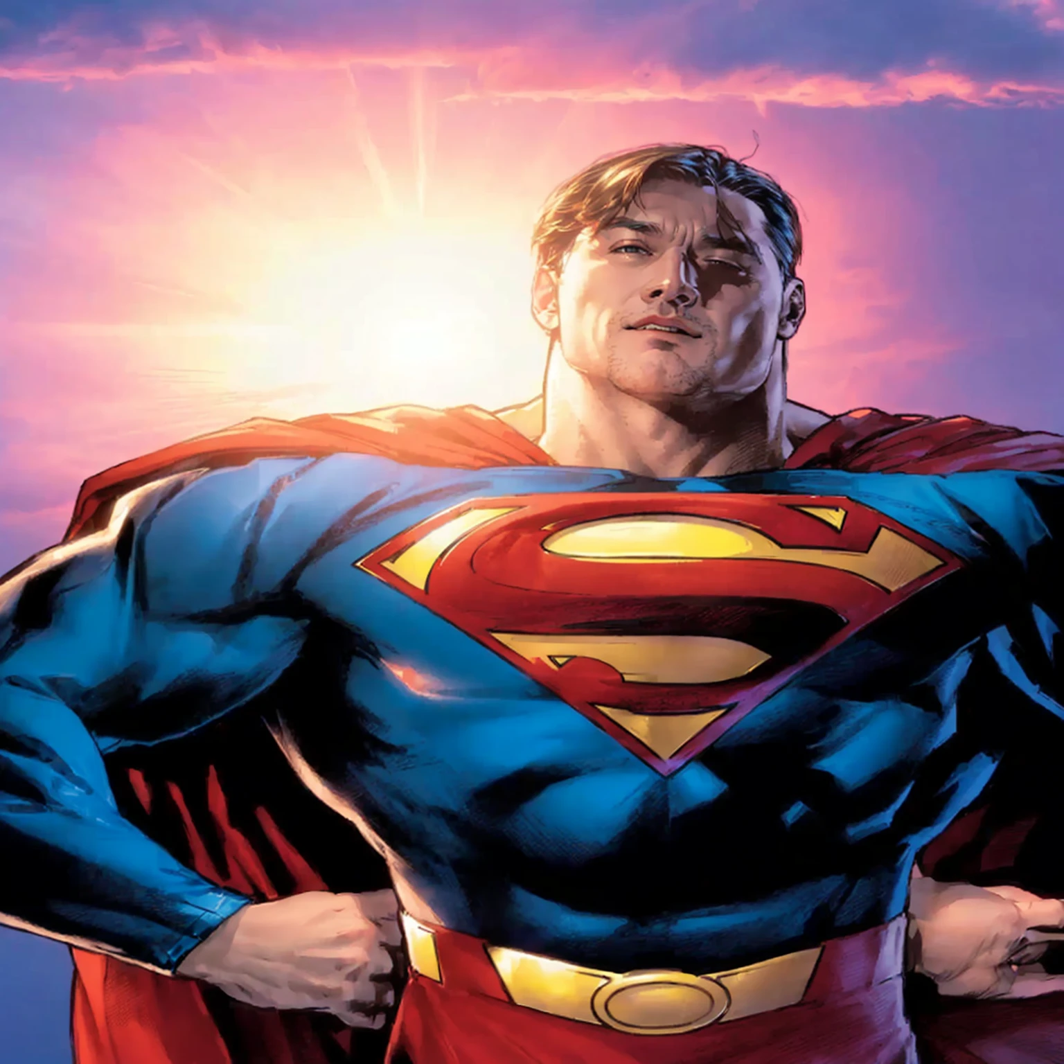 Superman is standing in front of the sun with his cape open, Superman emerging from the sun, Superman, Superman pose, inspired By Jim Lee, Jason Fabok, No message, Superman is high, By Jim Lee, dwayne johnson as Superman, Jason Fabok. Greg Staples, David Finch, โดย Ryan Stegman, Neil Adams | Portrait, gabe newell as a Superman