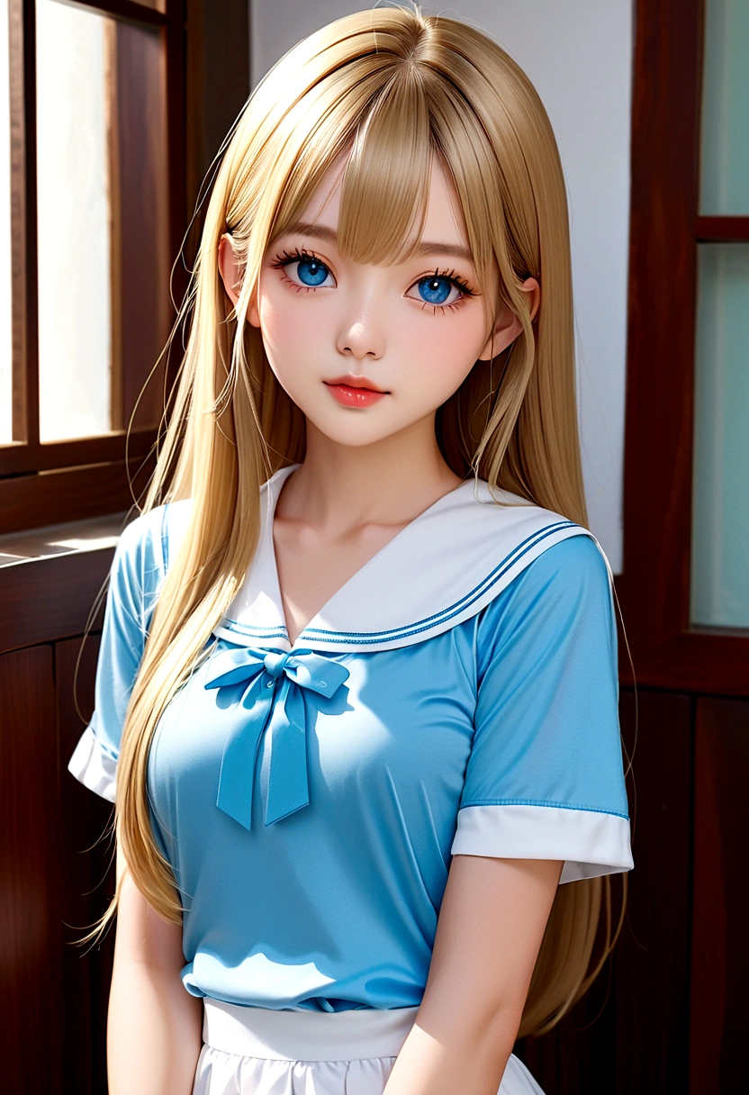 gorgeous, Shiny、Firming、Radiant skin, Bangs between the eyes, Shiny的直美丽的白金金发, Extra Long Straight Silky Hair, Eyeliner, Sexy, beautiful and innocent 14 years old, HD big beautiful bright blue eyes, Beautiful cute girl, baby face, short sleeve