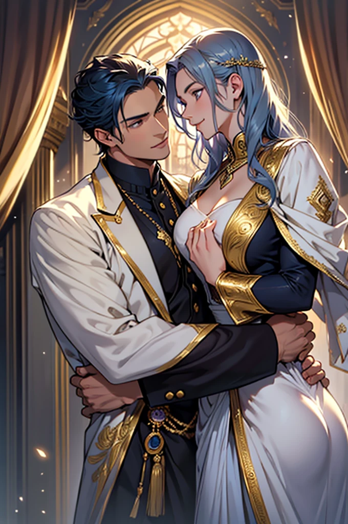 Book Cover: A young man of imposing stature graces the cover, his golden eyes captivating and his navy-blue hair reflecting passion and mystery. His presence is magnetic, adorned in elegant attire, and a captivating smile adds a special touch. By his side, a young woman of transcendental beauty with long, wavy golden-brown hair and deep violet eyes radiating natural luminosity. Her warm smile and graceful movements give her a presence that is simultaneously delicate and captivating. The image captures the elegance and intensity of an engaging romance. He had his arm around her waist, ensuring that his beloved wouldn't slip away.