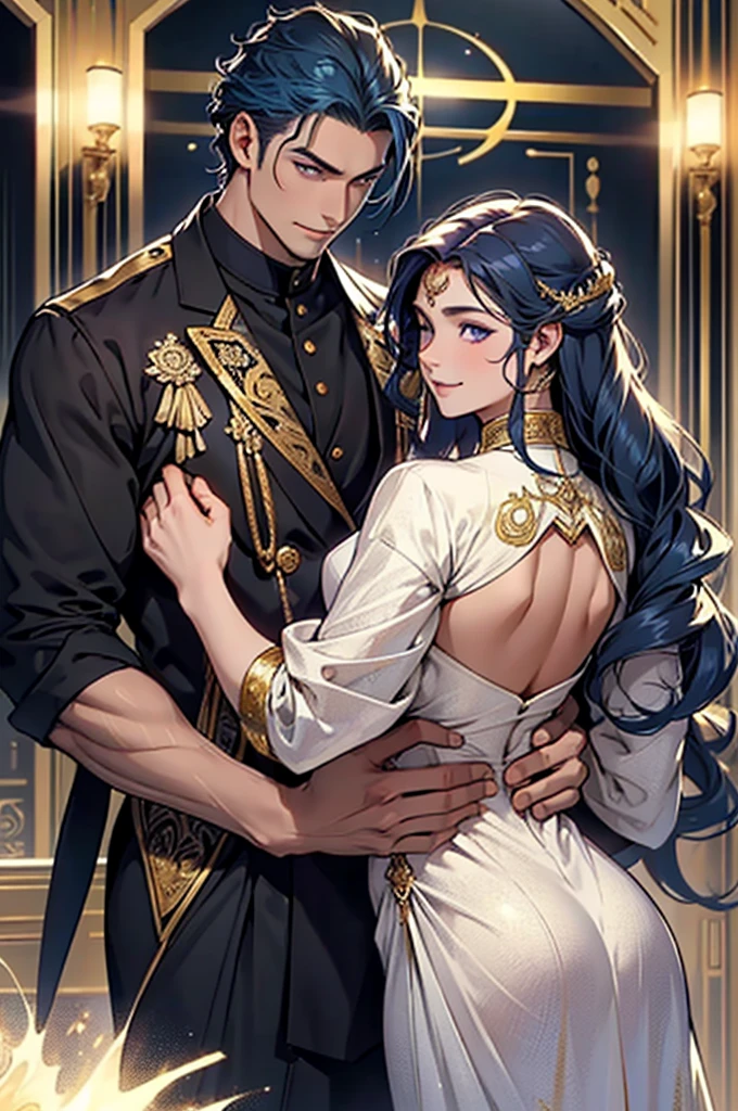 a young man with golden eyes and navy-blue hair, elegant attire, captivating smile, a young woman with long wavy golden-brown hair and deep violet eyes, radiating natural luminosity, warm smile, graceful movements, romantic elegance and intensity, his arm around her waist, high quality, photorealistic, digital art, fantasy book cover, intricate details, dramatic lighting, cinematic composition