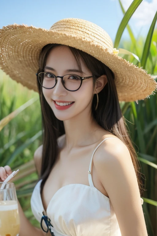 Highest quality、masterpiece、High sensitivity、High resolution、Detailed Description、Slender women、Slim Body、Glasses、smile、Straw hat、In the sugarcane field、