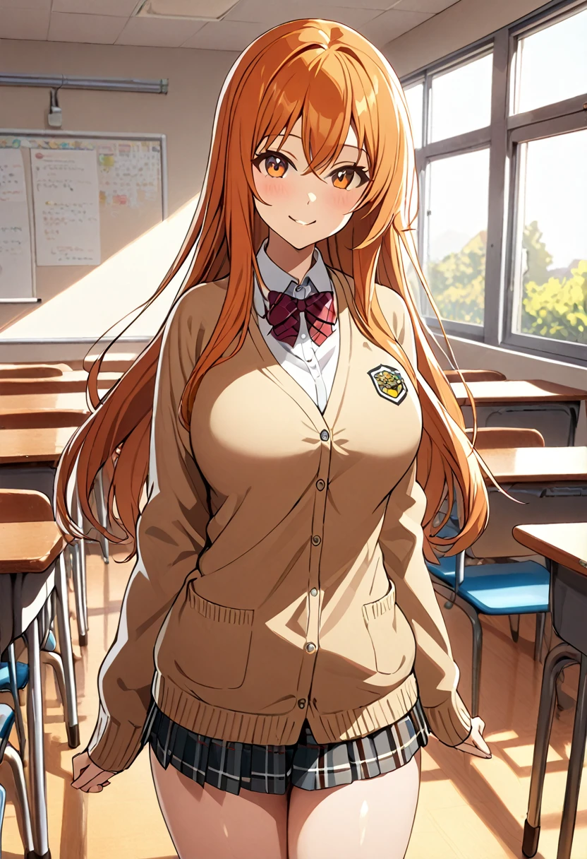 1 girl, (solo:1.2), tall girl, long orange hair, straight hair ,orange eyes, (high school student), (************), (Full Breasts), (thighs), High Height,masterpiece, high resolution, shiny, full body, beautiful,A cute smile that makes the viewer happy, highly detailed beautiful face and eyes,looking at viewer, (high , cardigan:1.2), (high school, high school classroom:1.2), (from front), (zettai ryouiki),