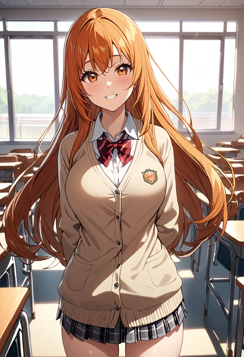 1 girl, (solo:1.2), tall girl, long orange hair, straight hair ,orange eyes, (high school student), (************), (Full Breasts), (thighs), High Height,masterpiece, high resolution, shiny, full body, beautiful,A cute smile that makes the viewer happy, highly detailed beautiful face and eyes,looking at viewer, (high , cardigan:1.2), (high school, high school classroom:1.2), (from front), (zettai ryouiki),