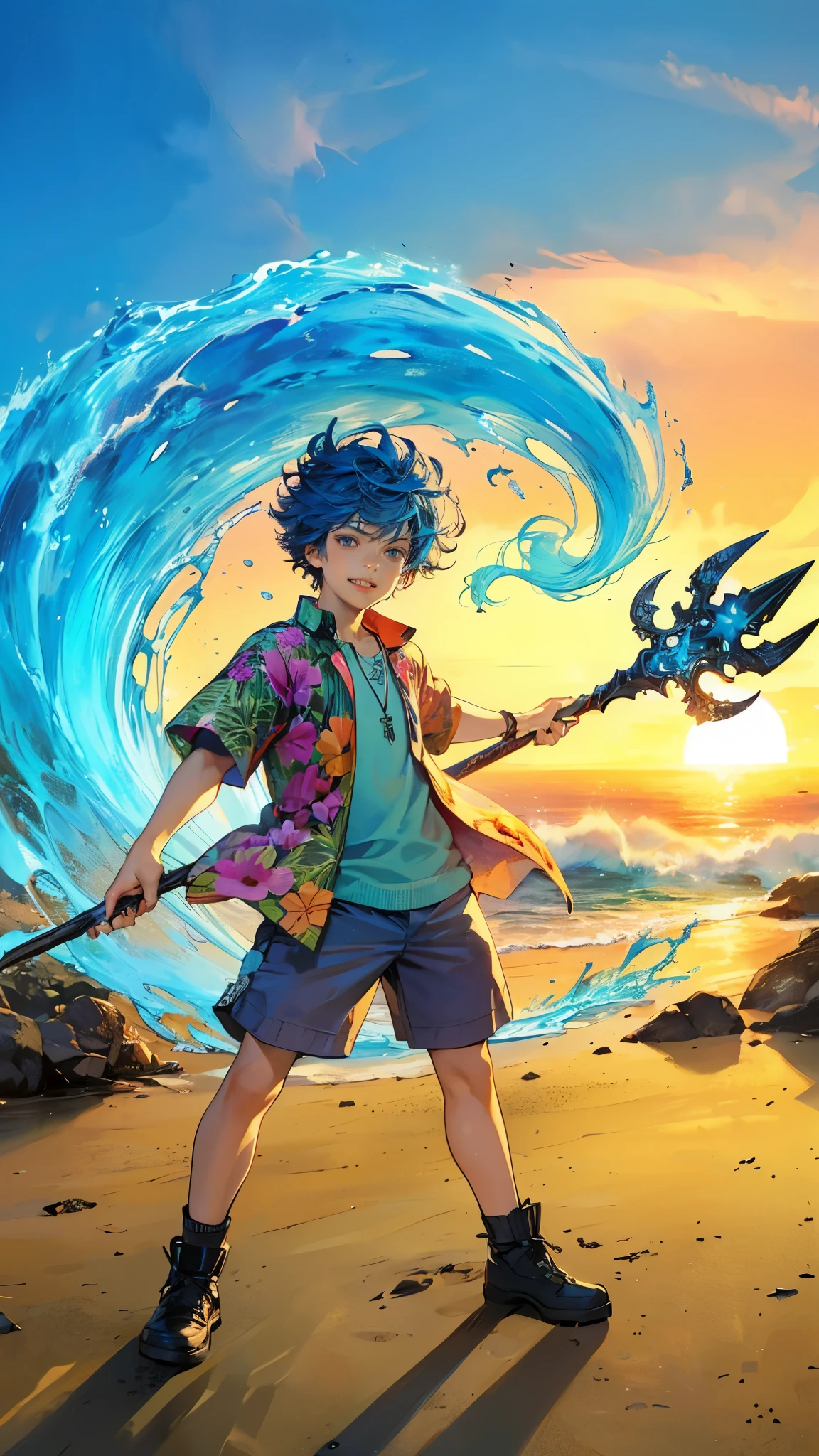 a teenager boy with vibrant blue hair and a mischievous grin, dressed in a colorful Hawaiian shirt and board shorts, stands on a volcanic beach at sunrise, holding a ceremonial obsidian spear in one hand, the other hand summoning a swirling vortex of cobalt blue energy - a representation of water manipulation power, ((blue magic)), (best quality,4k,8k,highres,masterpiece:1.2),ultra-detailed,(realistic,photorealistic,photo-realistic:1.37),HDR,UHD,studio lighting,ultra-fine painting,sharp focus,physically-based rendering,extreme detail description,professional,vivid colors,bokeh,fantasy,concept art