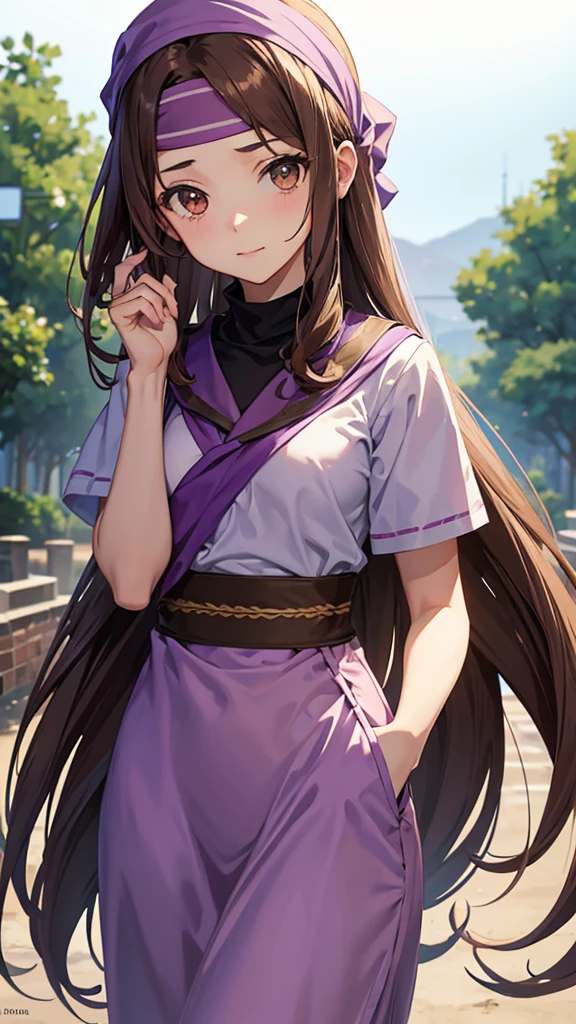 An anime girl in a lavender Clan outfit, with long, loose brown hair and brown eyes and a bandana on her forehead 
