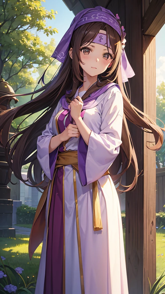 An anime girl in a lavender Clan outfit, with long, loose brown hair and brown eyes and a bandana on her forehead 