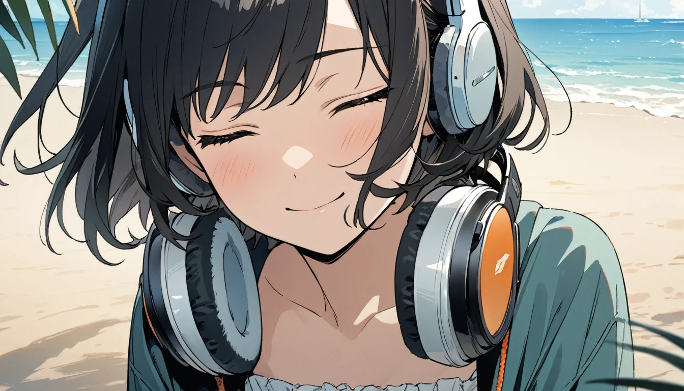 1girl, solo, gentle smile on her face flat chest, short hair, black hair, upper body, ((masterpiece, illustration, best quality)) ((best quality)) by the beach sea shore walking around the beach with her headphones on, eyes closed