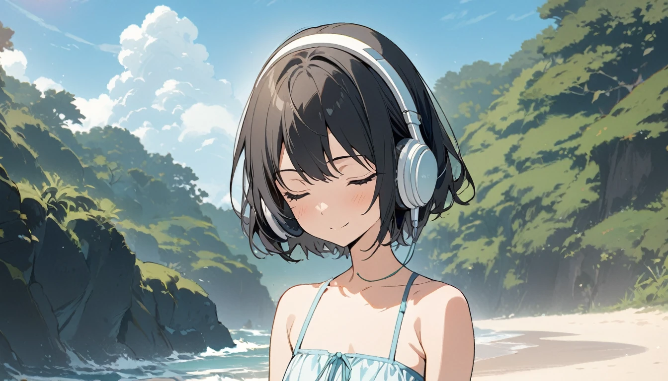 1girl, solo, gentle smile on her face flat chest, short hair, black hair, upper body, ((masterpiece, illustration, best quality)) ((best quality)) by the beach sea shore walking around the beach with her headphones on, eyes closed