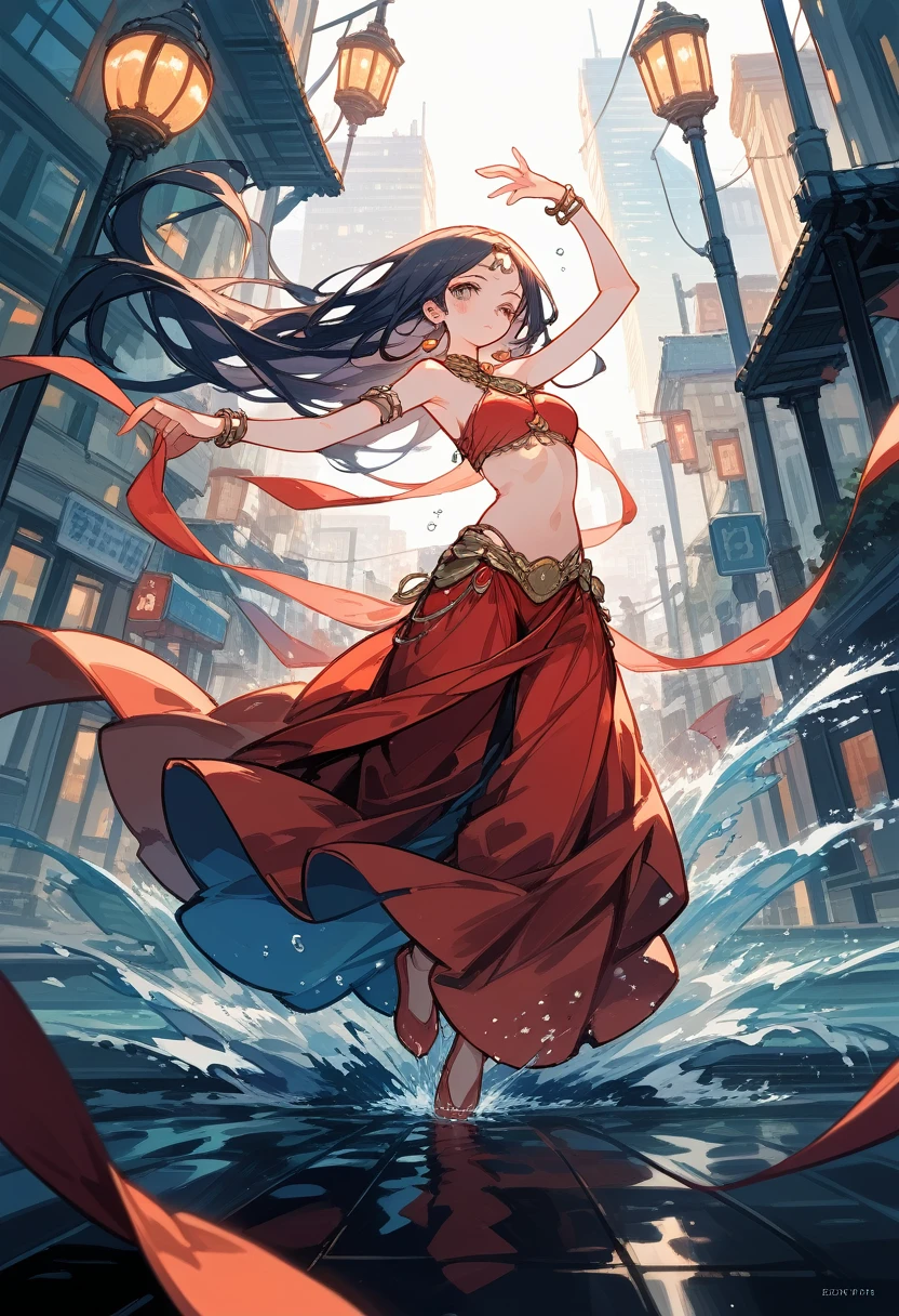 cover page, highres, top quality, best quality, paid reward available, unparalleled masterpiece, perfect artwork, absurdres, High-quality illustrations, super high resolution, detailed background, perfect anatomy, dancer, graceful, elegant pose, joy, city streets, reflections, puddles, splashing water, dynamic movement, nighttime, soft streetlights, glistening raindrops, dramatic lighting,